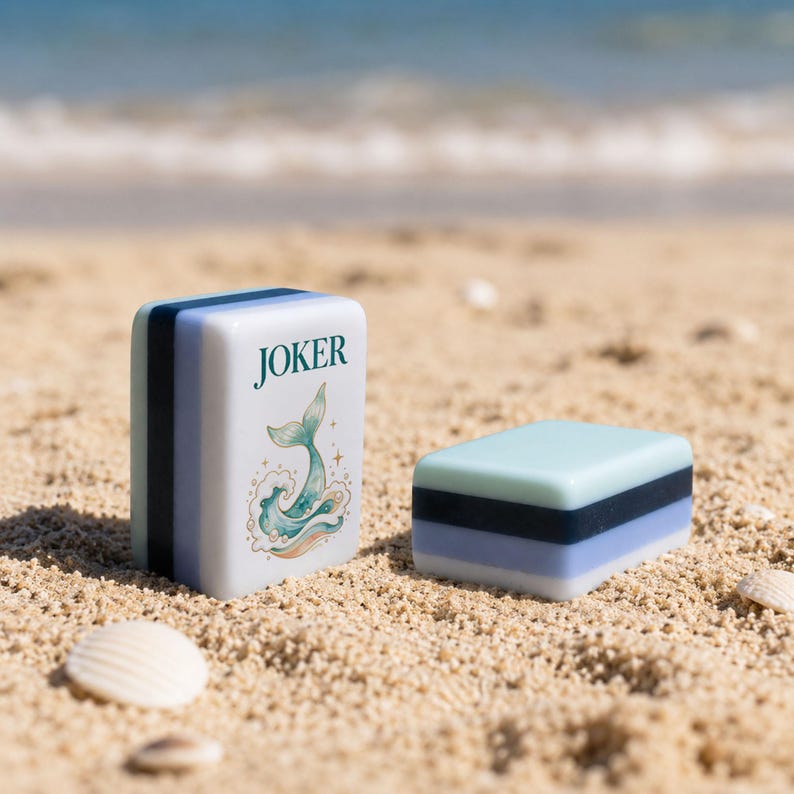 May include: A rectangular mahjong tile standing upright and a second tile lying flat. The upright tile features the word JOKER in dark green text above a graphic of a whale tail emerging from waves. Both tiles have layered light blue, black, and white sides.