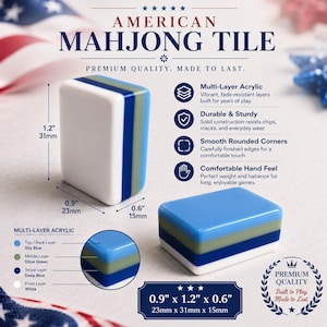 May include: A multi-layer acrylic American Mahjong tile featuring sky blue, olive green, deep blue, and white layers. The tile measures 1.2 inches by 0.9 inches by 0.6 inches. Text includes American Mahjong Tile, Premium Quality, Made to Last.