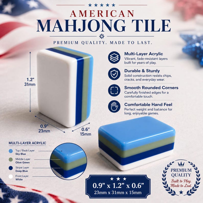 May include: A multi-layer acrylic American Mahjong tile featuring sky blue, olive green, deep blue, and white layers. The tile measures 1.2 inches by 0.9 inches by 0.6 inches. Text includes American Mahjong Tile, Premium Quality, Made to Last.