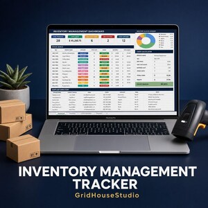 May include: A silver laptop displaying an inventory management dashboard with stock levels, a pie chart, and a supplier directory. Next to the laptop are three small brown cardboard shipping boxes and a black handheld barcode scanner.