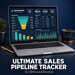 May include: A silver laptop displaying a Sales Pipeline CRM Dashboard with a funnel chart, bar graphs, and data tables. The screen shows metrics like Total Deals 128 and Total Value $582,450. A gold pen and a dark mug sit beside the laptop.