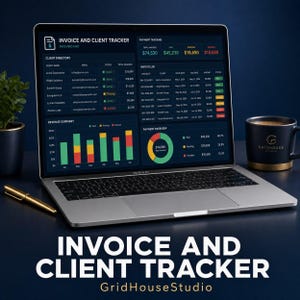 Puede incluir: Un portátil plateado que muestra un panel de control de facturas y clientes con gráficos, tablas y datos financieros coloridos. La pantalla presenta secciones para el directorio de clientes, seguimiento de pagos, registros de facturas y resumen de ingresos. Un bolígrafo dorado y una taza negra están cerca.