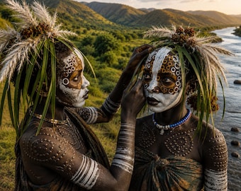 Mursi Tribal Wall Art – Omo River Cinematic Portrait, African Cultural Landscape Print (Digital Download)