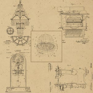 May include: A sepia print showcasing various vintage patent diagrams. The illustrations include a chandelier, a clock, a typewriter, a sewing machine, and a globe-shaped mechanism. The background has a textured, aged paper appearance.