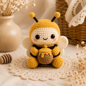 Virkmönster för mini-Amigurumi-bi i PDF-format, skrivbordsdjur, honungskruka, nybörjarvänligt (nedladdning direkt)