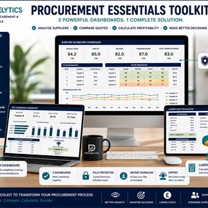 Op de afbeelding: Een Procurement Essentials Toolkit met een desktopmonitor, laptop en tablet die datadashboards tonen. De tekst bevat Procurelytics, Supplier Scorecard, RFQ Comparison Dashboard en Landed Cost Calculator met diverse zakelijke statistieken.