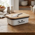 Ceramic Butter Dish with Bamboo Lid & Knife | Vintage Airtight Butter Holder for Counter, Large Covered Butter Keeper Case