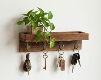 Rustic Wood Key Holder for Wall | Entryway Shelf Organizer with Hooks, Farmhouse Floating Shelf Key Rack, Mail & Phone Hanging Hanger