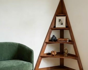 Triangle Corner Bookshelf, Solid Wood Display Storage Rack, Modern Aesthetic Triangle Shelf, Minimalist Living Room Corner Organizer