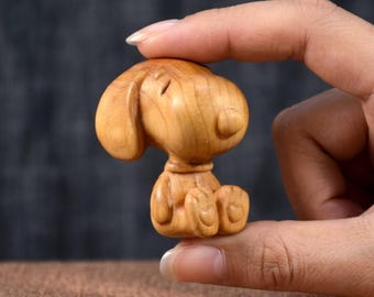 Hand-Carved Wooden Snoopy Figurine, Peanuts Inspired Dog Sculpture, Unique Wood Art Home Decor, Handmade Gift for Dog Lovers & Collectors