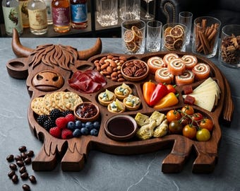 Wooden Highland Cow Charcuterie Board - Hand Carved Bull Serving Tray & Snack Platter - Rustic Animal Shaped Cheese Board Kitchen Gift