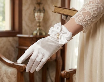 French Vintage Bridal Satin Gloves White Bow Wedding Gloves Short Elegant Bride Dress Accessories Reception Photoshoot