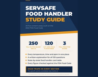 ServSafe Food Handler Study Guide 2026, Printable Food Safety Exam Prep, 3 Practice Tests, 250 Drills, 120 Flashcards, Instant Download