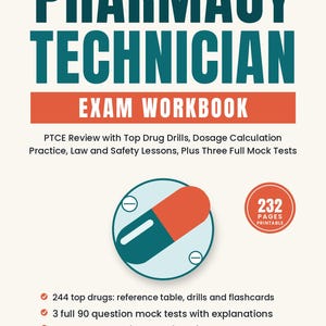 Pharmacy Technician Exam Study Guide Printable PDF, PTCE Practice Tests, Top Drugs Flashcards, Dosage Calculations Workbook