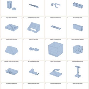 Pode incluir: Uma coleção de pré-visualizações 3D de acessórios de escritório e secretária azuis. Os itens incluem um porta-canetas, clipes de cabo, suporte para auscultadores, pés de monitor, suporte para notas adesivas, suporte para telefone, controle deslizante de webcam e suporte para cartão USB.