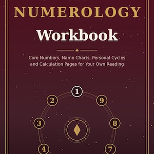 May include: A dark maroon workbook titled The NUMEROLOGY Workbook with the subtitle Core Numbers, Name Charts, Personal Cycles and Calculation Pages for Your Own Reading. The cover features a circular diagram with numbers one through nine.