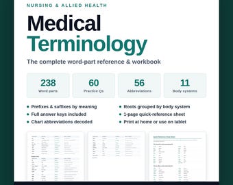 Medical Terminology Study Guide PDF | 238 Prefixes Suffixes Roots, 60 Practice Questions, Nursing Student Cheat Sheet, Printable