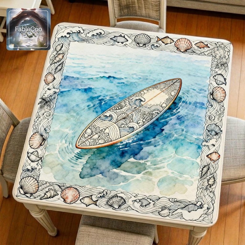 Summer surfboard mahjong mat displayed on a square home table, featuring an original coastal design with a detailed surfboard floating on soft blue watercolor water, framed by seashells, waves, and delicate marine line art in an airy beach-inspired palette.