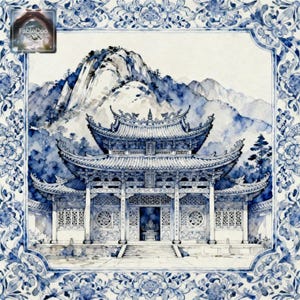 Chinese temple and mountain mahjong mat design featuring an ornate traditional pavilion in front of dramatic mountain scenery, framed by blue floral border details inspired by antique ceramic artistry.
