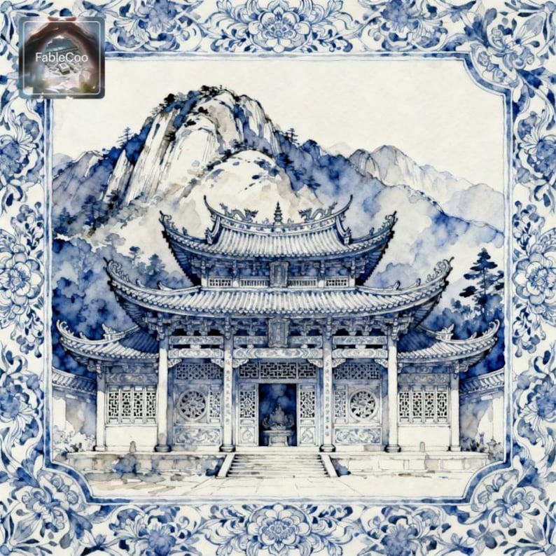 Chinese temple and mountain mahjong mat design featuring an ornate traditional pavilion in front of dramatic mountain scenery, framed by blue floral border details inspired by antique ceramic artistry.