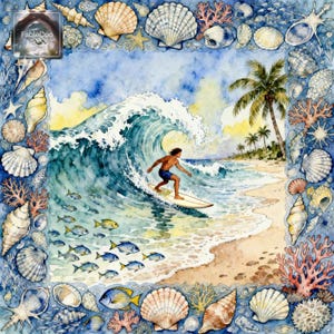 Close-up artwork view of the surfing design, featuring a surfer gliding through a rolling wave framed by seashells, coral branches, tropical fish, and palm trees in fresh ocean blue, sandy beige, and soft coastal tones.