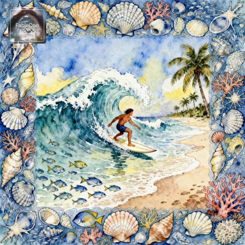 Close-up artwork view of the surfing design, featuring a surfer gliding through a rolling wave framed by seashells, coral branches, tropical fish, and palm trees in fresh ocean blue, sandy beige, and soft coastal tones.