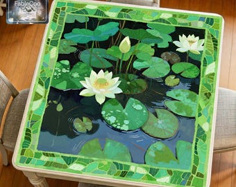 Tapis de mahjong Lotus Pond, tapis de jeu carré pour jardin aquatique, surface de jeu antidérapante imperméable