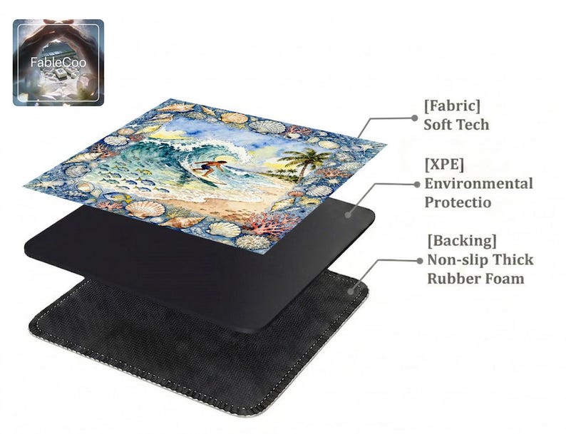 Layered construction display of the mahjong mat showing the printed fabric top layer, cushioned inner core, and non-slip rubber foam backing.