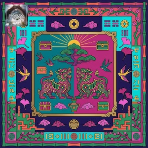 Decorative game mat featuring a fantasy guardian-beast scene in a vivid pink, teal, and purple new Chinese-style composition with flying birds, floral branches, clouds, treasure chest details, and a rising sun tree centerpiece.