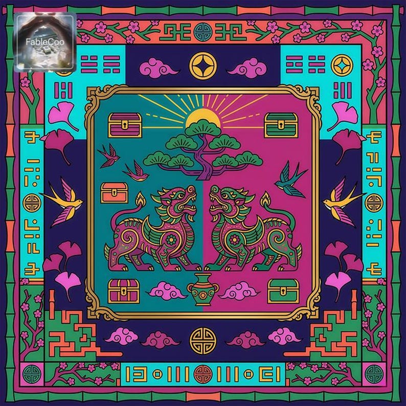 Decorative game mat featuring a fantasy guardian-beast scene in a vivid pink, teal, and purple new Chinese-style composition with flying birds, floral branches, clouds, treasure chest details, and a rising sun tree centerpiece.