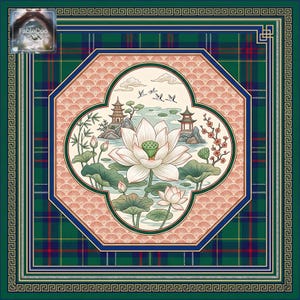 Original lotus pond mahjong mat with stylized lotus blossoms, lily pads, reeds, and symmetrical decorative framing, presented in elegant green, ivory, pale pink, and gold tones for a clean and graceful oriental aesthetic.