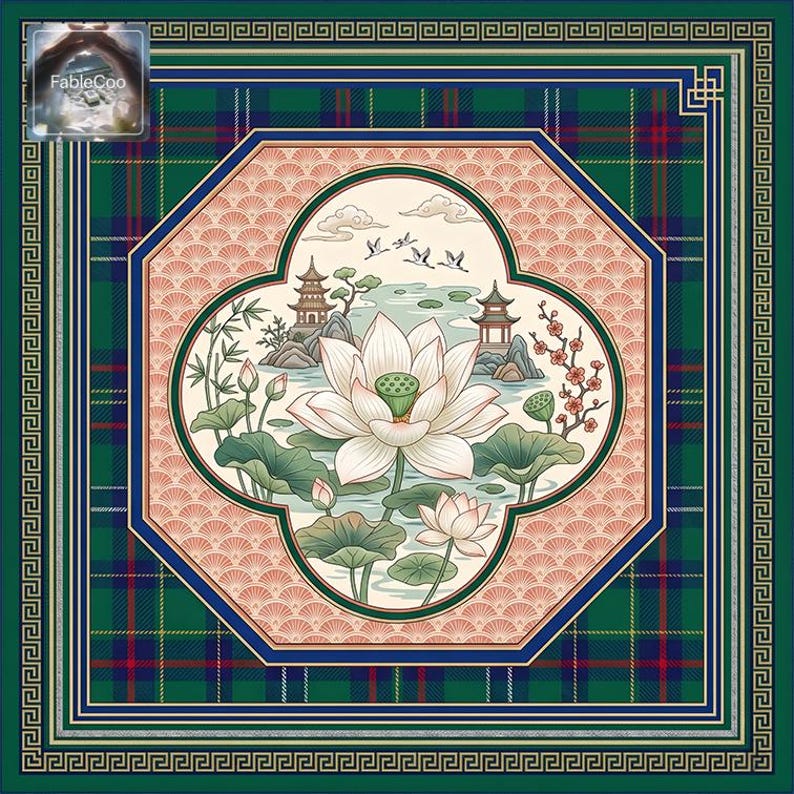 Original lotus pond mahjong mat with stylized lotus blossoms, lily pads, reeds, and symmetrical decorative framing, presented in elegant green, ivory, pale pink, and gold tones for a clean and graceful oriental aesthetic.