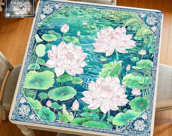New Chinese Style Rain Lotus Mahjong Mat, Oriental Floral Game Table Pad, Waterproof Thick Quiet Cover, Trendy Chinese-Chic Vogue Mat