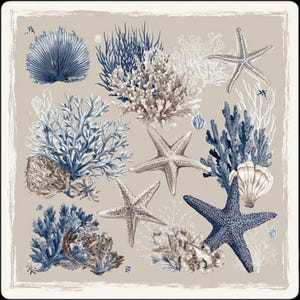 Close-up view of the ocean coral mahjong mat, showing starfish details, blue coral elements, soft neutral background, and elegant framed border.
