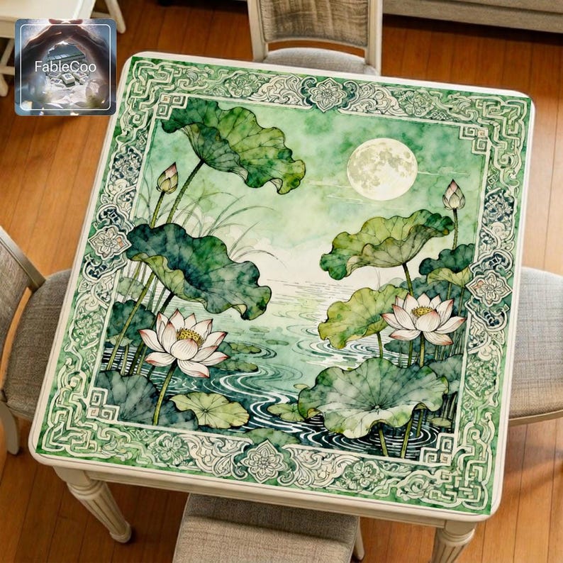 Chinese style green lotus mahjong mat displayed on a square table, featuring blooming lotus flowers, layered lotus leaves, rippling water, a glowing full moon, and an ornate traditional border in elegant jade green tones.