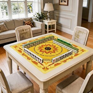 Mahjong mat shown in use with tiles arranged around the center, highlighting the cheerful sunflower palette and inviting square tabletop layout.