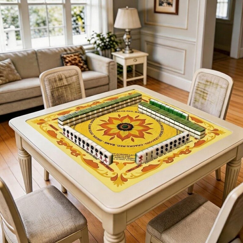 Mahjong mat shown in use with tiles arranged around the center, highlighting the cheerful sunflower palette and inviting square tabletop layout.