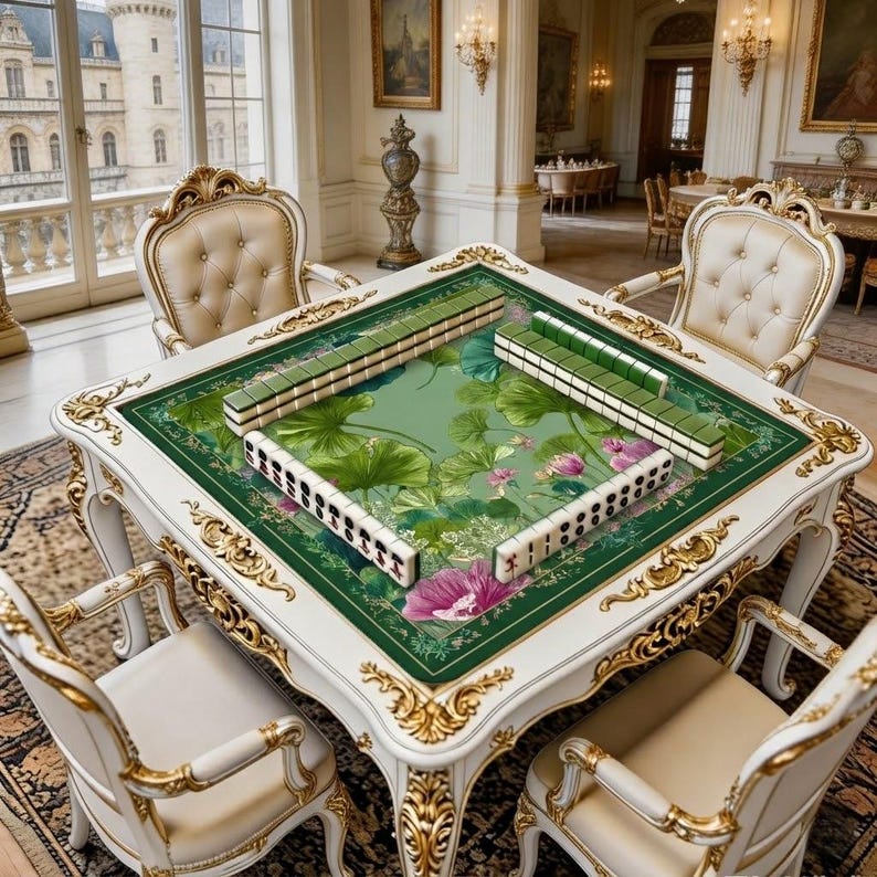 May include: A white and gold ornate mahjong table with a green floral patterned playing surface. The table is surrounded by four cream-colored chairs. Green and white mahjong tiles are arranged on the table, ready for play.
