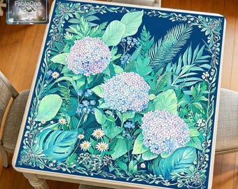 New Asian Style Mint Hydrangea Mahjong Mat, Botanical Floral Game Table Pad, Waterproof Quiet Cover, Trendy Chinese-Chic Vogue Mat