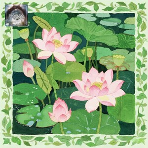Water lily inspired decorative mat design with pale pink lotus flowers, rich green lotus leaves, unopened buds, and a soft botanical frame, creating a peaceful pond scene with natural elegance.