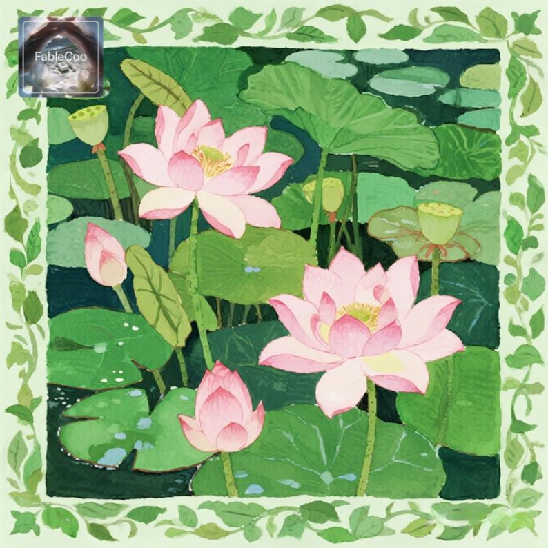 Water lily inspired decorative mat design with pale pink lotus flowers, rich green lotus leaves, unopened buds, and a soft botanical frame, creating a peaceful pond scene with natural elegance.