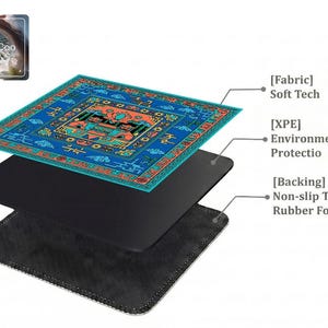 Layered construction display of the mahjong mat showing the printed fabric top layer, cushioned inner core, and non-slip rubber foam backing.