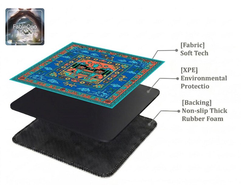 Layered construction display of the mahjong mat showing the printed fabric top layer, cushioned inner core, and non-slip rubber foam backing.