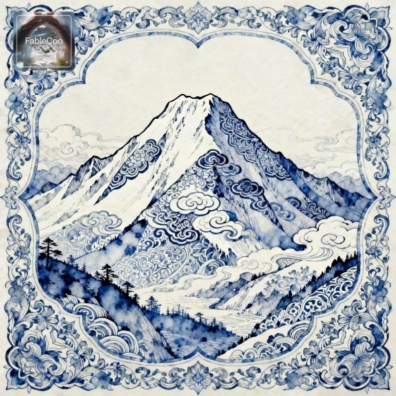 Chinese mountain scenery mahjong mat artwork showing a majestic peak surrounded by swirling clouds, layered mountain ridges, and an elaborate blue decorative border inspired by traditional ink and porcelain painting styles.