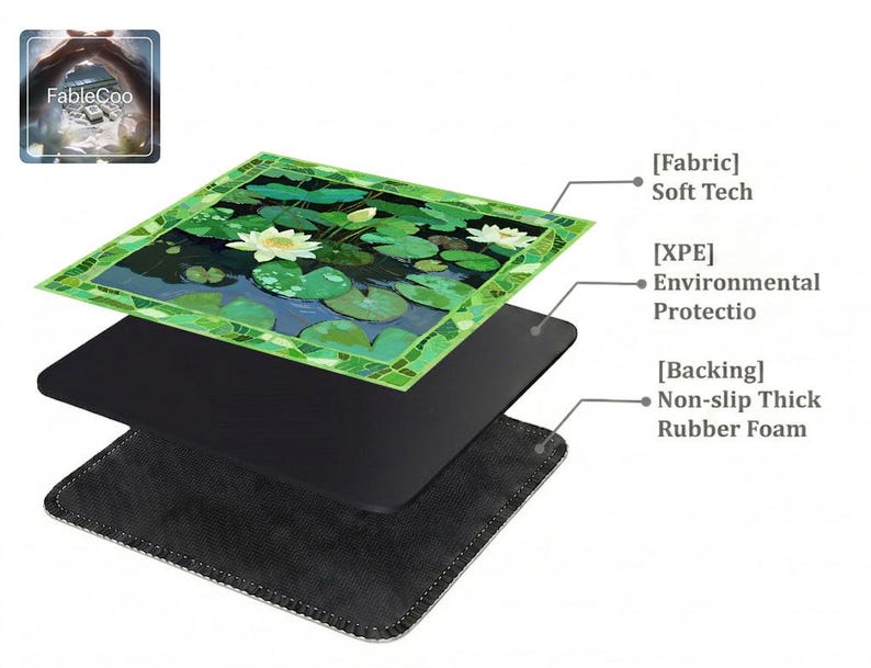 Layered construction display of the mahjong mat showing the printed fabric top layer, cushioned inner core, and non-slip rubber foam backing.