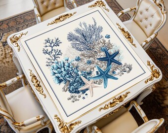 Ocean Coral Mahjong Mat, Coastal Square Game Table Pad, Noise Reducing Card Cover