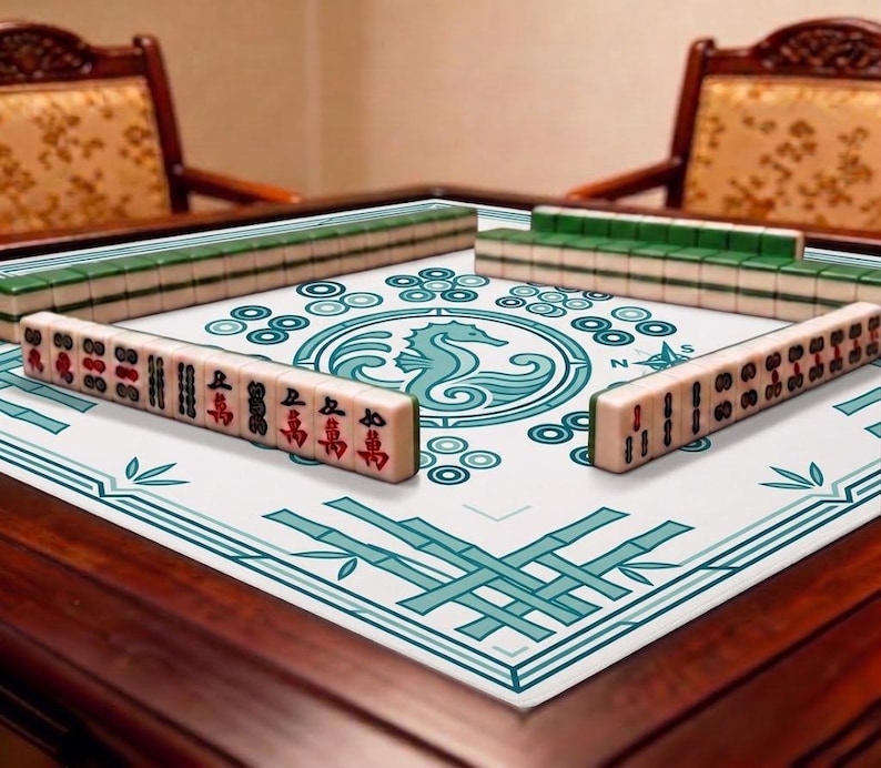 Angled close-up of the mat in use, highlighting the seahorse centerpiece, circular accents, bamboo-inspired corners, and fresh coastal color scheme.