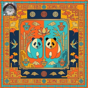 Flat layout view of the panda mahjong mat design, showcasing two centered pandas surrounded by bamboo, lotus flower, birds, cloud motifs, gingko leaves, and symmetrical oriental-inspired framing in a bold orange and blue palette.