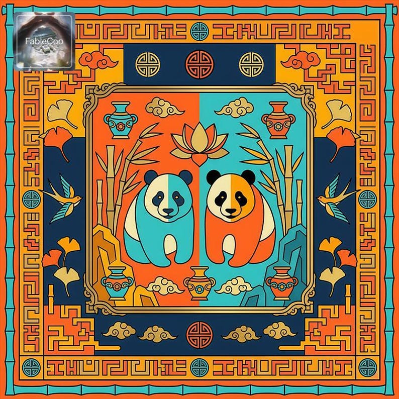 Flat layout view of the panda mahjong mat design, showcasing two centered pandas surrounded by bamboo, lotus flower, birds, cloud motifs, gingko leaves, and symmetrical oriental-inspired framing in a bold orange and blue palette.