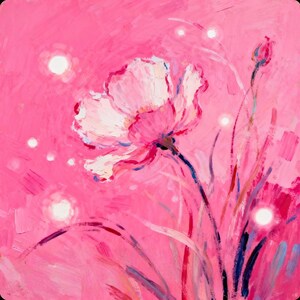 Detailed floral composition showing a single blooming pink flower with soft brush textures and bright artistic contrast.